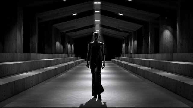 A dramatic, dimly lit empty space with a solitary figure and glowing lights.