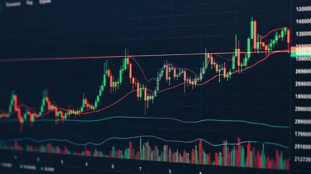 Fluctuating market prices display vibrant lines Red and green bars signal economic trends Data points indicate financial changes Analysis of investments is suggested