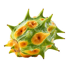 Fototapeta premium Striking horned melon with vibrant green and orange skin isolated against a black background An unusual tropical fruit up close