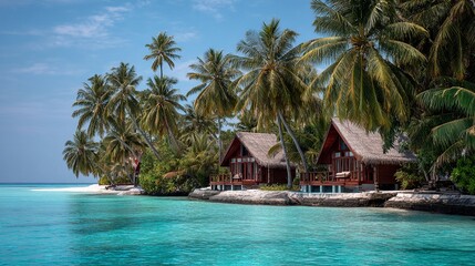 Tropical resort nestled among palm trees by clear turquoise waters, offering a serene getaway in a picturesque coastal setting on a sunny day