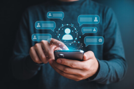 Chatting online person using smartphone for digital communication and social media connection concept