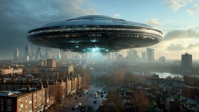 Futuristic flying ufo hovers over modern city skyline concept of alien invasion sci fi technology mysterious spacecraft above skyscrapers in dramatic urban scene