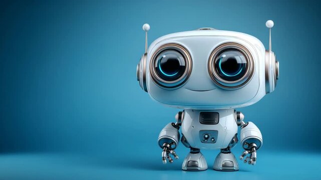 Cute cartoon robot with big eyes smiling and talking standing on blue background friendly futuristic artificial intelligence character for technology or kids content