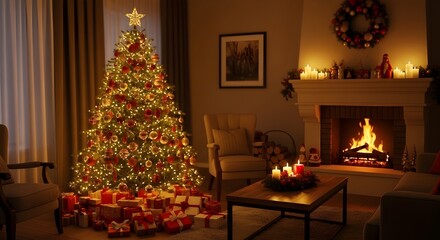 Christmas Tree with Festive Decorations and Gift Boxes