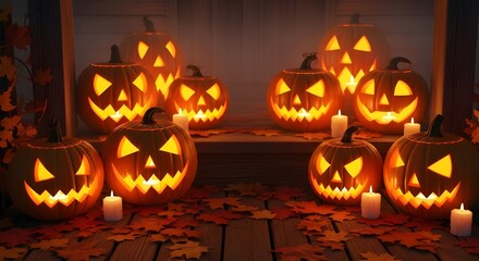 Glowing Halloween Pumpkins on Wooden Porch