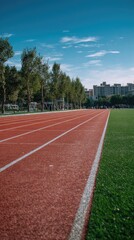 Runners prepare on track, sunny day, city backdrop; athletics