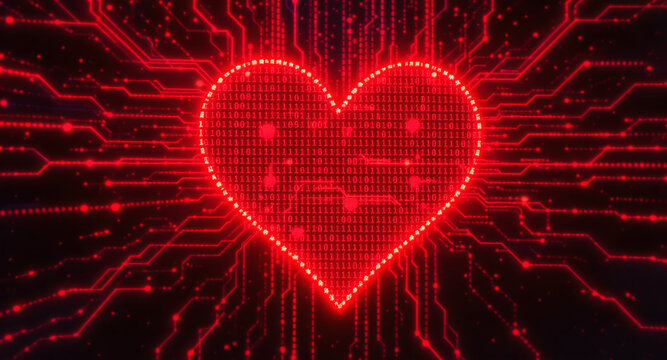 Glowing digital heart made of red code streams, binary data. Futuristic, abstract design represents connection, love, technology, AI. Vibrant electronic graphic with glowing particles in cyberspace