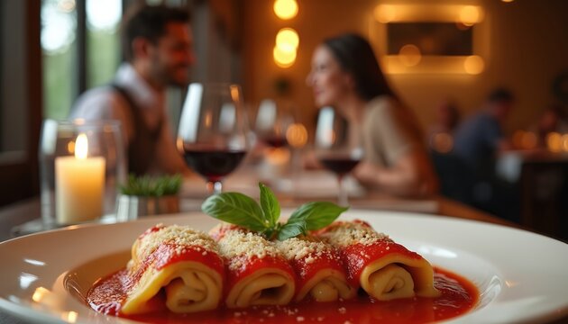 Couple enjoys romantic Italian dinner, savoring delicious cannelloni pasta with rich tomato sauce and cheese. Candlelit ambiance and red wine enhance the intimate date night at an upscale eatery.