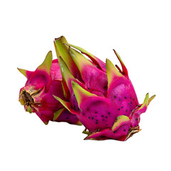 Fototapeta premium Vibrant dragon fruit duo showcasing their unique magenta skin and green-tipped scales against a stark black background an exotic and healthy treat