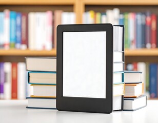 E-reader amongst books in a library
