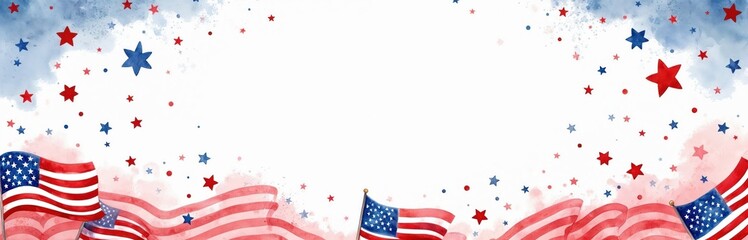 Obraz premium Watercolor illustration border with American flags, stars in red, white, blue. Festive design suitable for patriotic holidays like Independence Day celebrations. Features traditional wavy flag