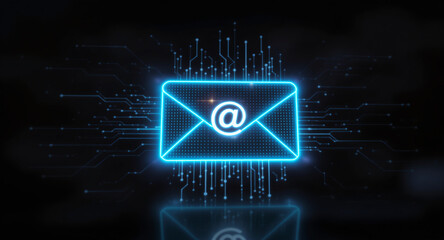 high-tech glowing envelope email interface in dark background, digital security access panel, sci-fi design