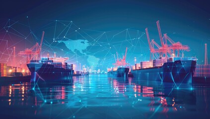 Fototapeta premium Global shipping, digital network, harbor, night. Use logistics