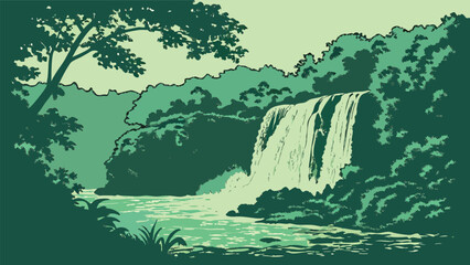Digital art composition of nature and waterfall in a clean minimalist style