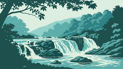 Calm and relaxing landscape illustration with a waterfall in minimal detail