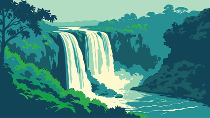 Minimalist nature illustration of a dramatic waterfall cascading into a serene river valley