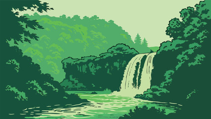 Artistic digital rendering of a waterfall with soft colors and simple lines