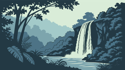 Contemporary minimalist nature scene with a cascading waterfall and mountains