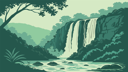Minimal art portrayal of a waterfall hidden within a dense forest