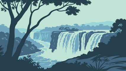Flat design inspired depiction of a peaceful waterfall in a tranquil setting