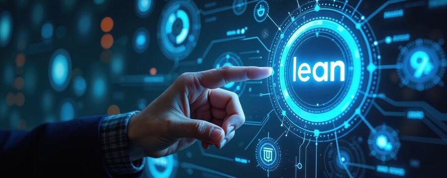 Businessman presses lean button on futuristic digital interface, integrating Six Sigma methodology with LEAN manufacturing for process optimization. Focus on business improvement, productivity,