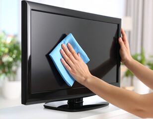 wiping down TV screen with microfiber cloth