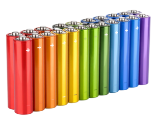 Set of Multicolored AA Batteries Standing Upright Isolated on White Background
