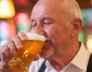 Middle aged man enjoys a refreshing beer in a lively pub setting with warm lighting