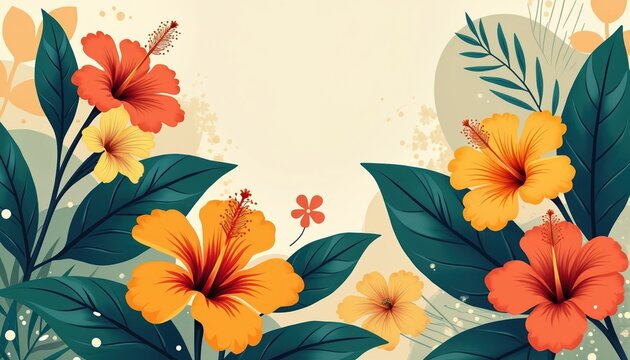 Vibrant illustration celebrates Asian American Pacific Islander Heritage Month with tropical hibiscus flowers, rich leaves. Features abstract floral design in warm orange, yellow, red, green tones,