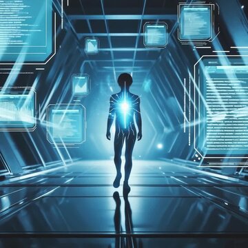 A glowing humanoid figure walks through a futuristic space with data streams and holographic interfaces reflecting the future of technology, artificial intelligence AI and virtual reality