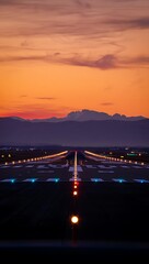 Obraz premium Airport runway lights at sunset with distant mountains
