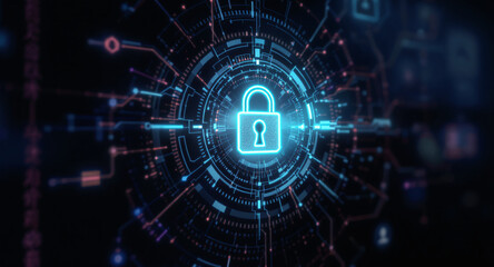 high-tech glowing lock interface in dark background, digital security access panel, sci-fi design