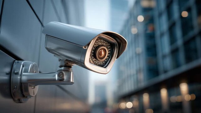 Surveillance security camera mounted on a building wall closely watching the street in a modern city environment with blurred background lights creating a sense of observation and safety