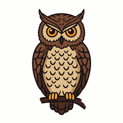 A charming cartoon illustration of a majestic brown owl with bright orange eyes, perched calmly on a branch, symbolizing wisdom and nature.