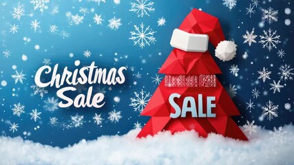 Festive christmas sale with origami tree and snowy holiday background - Powered by Adobe