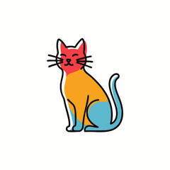 A charming and modern abstract illustration of a sitting cat, featuring vibrant, contrasting colors and a minimalist design on a clean white background.