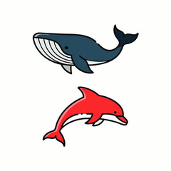 A charming duo of cartoon marine mammals, featuring a majestic blue whale and a playful red dolphin, illustrated with clean lines on a white background.