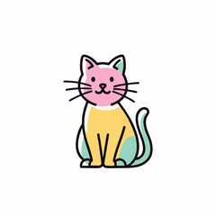 A charming and minimalist cartoon illustration featuring a sitting domestic cat with a delightful pastel color palette, perfect for children's designs and playful themes.