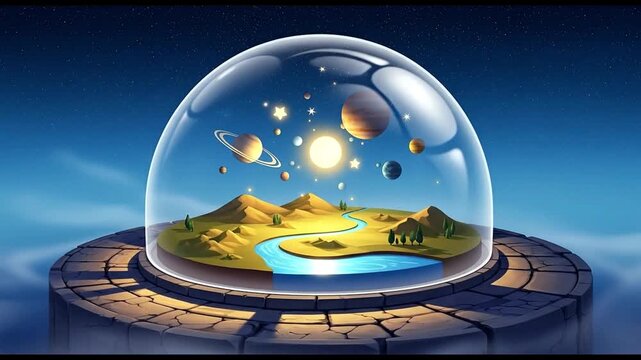 A Captivating Miniature Universe with a Solar System and Landscape Encased in a Glass Dome