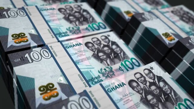 Ghana Cedi Ghanaian money pack loop 3d animation. Loopable seamless concept of finance, cash, economy, business and bank. Camera moving over 100 GHC banknote bundle stacks.