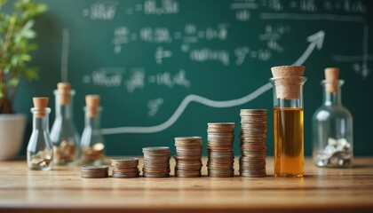 Visualisation of investment methodology using scientific setting with currencies as specimens. Performance formula projection on blackboard shows financial growth. Coins in stacks, beaker with yellow