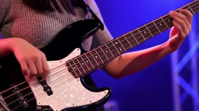 Close-Up Shot of Musician Playing Electric Bass Guitar with Pearl Pickguard