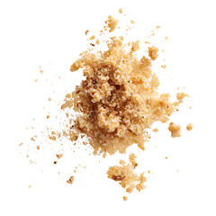 Pile of finely ground brown material on black background Small particles scattered around the central mass suggestive of cooking ingredient