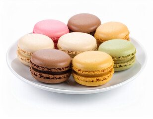 Fototapeta premium Colorful Macarons Arranged on a White Plate, Isolated on White Background