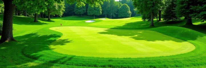 Fototapeta premium High-angle shot, finely manicured putting green , surface, short grass, detail