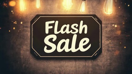 Illuminated flash sale sign with hanging vintage bulbs on textured wall - Powered by Adobe