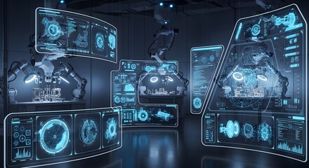 High-Tech Futuristic Lab with Holographic Displays & Robotic Arms. Advanced Technology, AI, Data Analysis, and Scientific Research Environment.