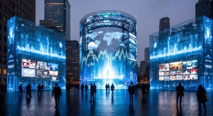 Futuristic City Plaza with Dynamic Blue Digital Displays and Global Data Visualizations at Night
