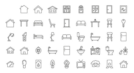 Obraz premium Collection of outline drawings depicting various household objects and furniture