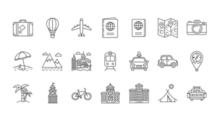 Collection of travel themed line art icons including landmarks and transportation